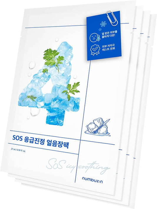 Numbuzin No.4 Icy Soothing Sheet Mask - Instant Cooling and Hydration with Tea Tree and Bergamot Leaf Extracts for Skin Relief - Korean Skincare - Pack of 4 Sheets